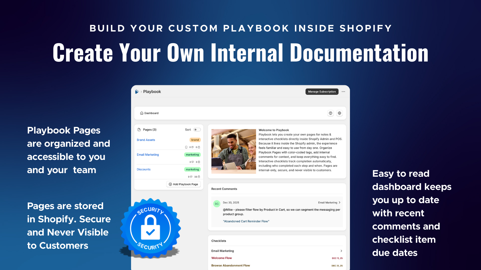 Playbook internal documentation dashboard inside Shopify