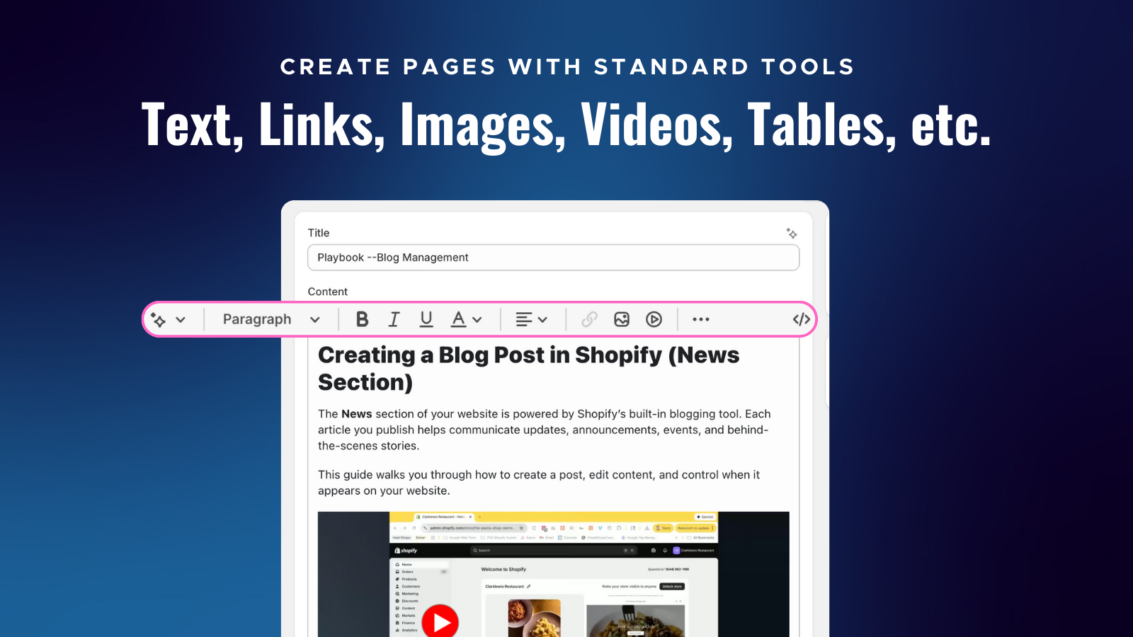 Rich page editor with text, images, videos and tables
