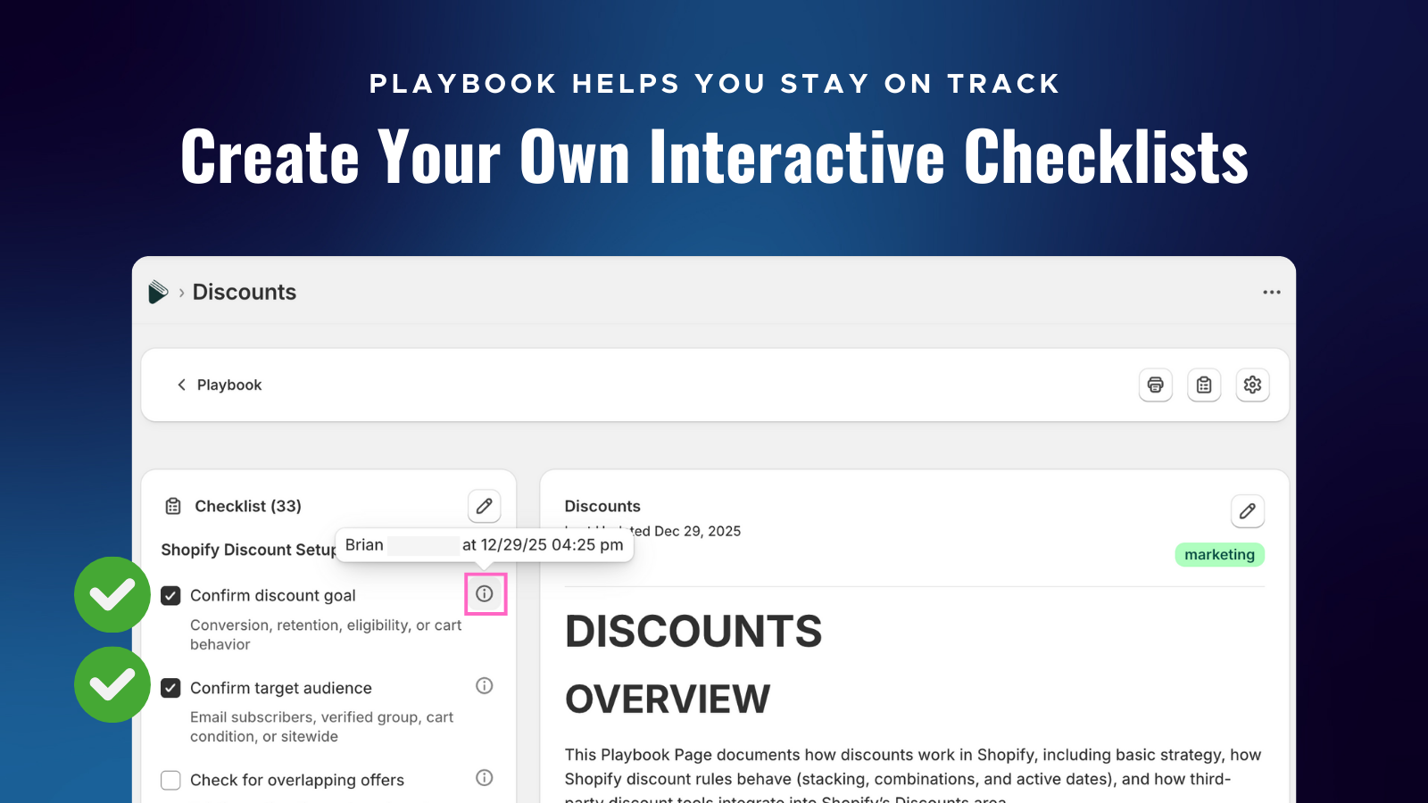 Interactive checklists inside Shopify