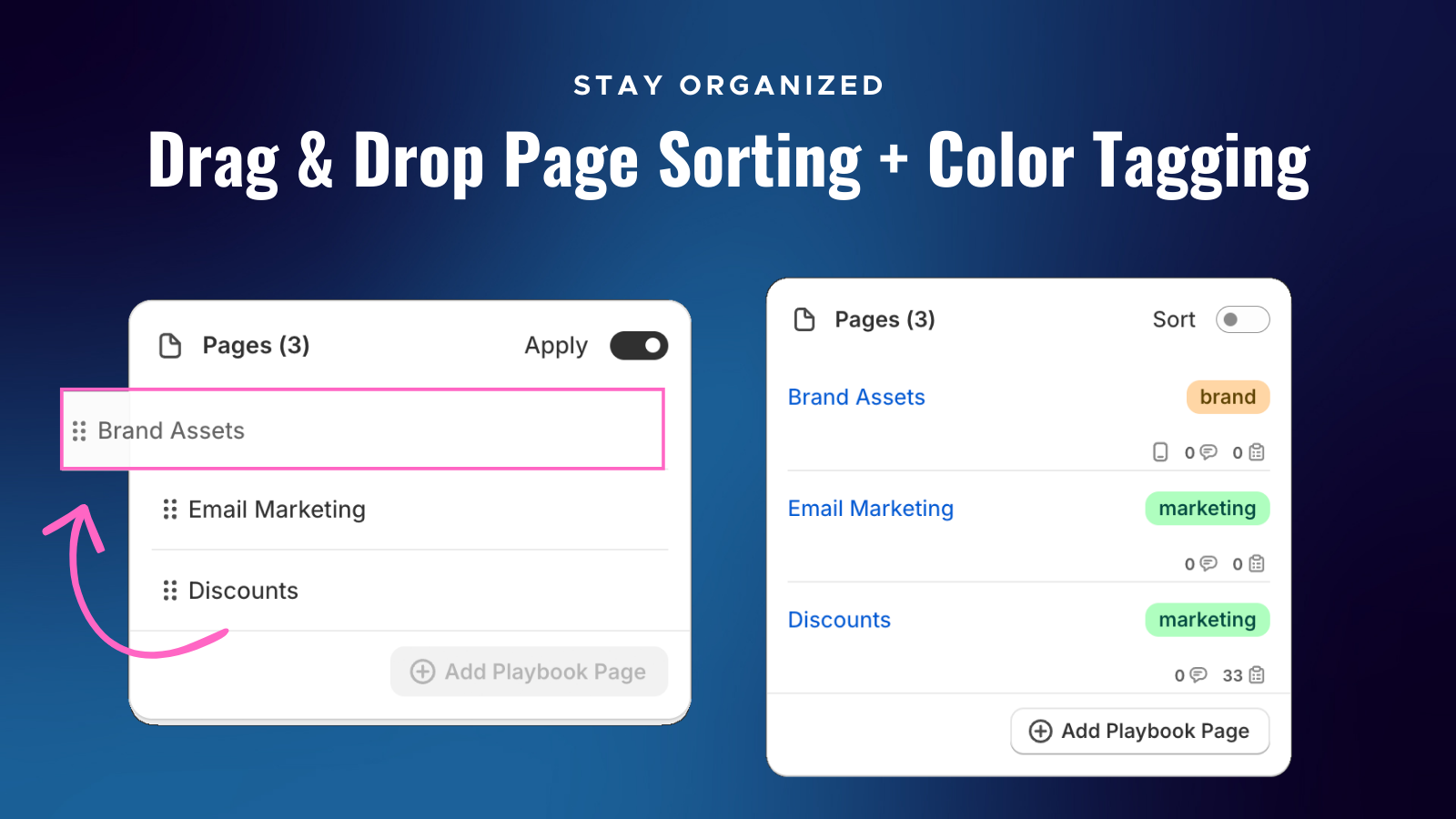 Drag and drop page sorting with color tagging