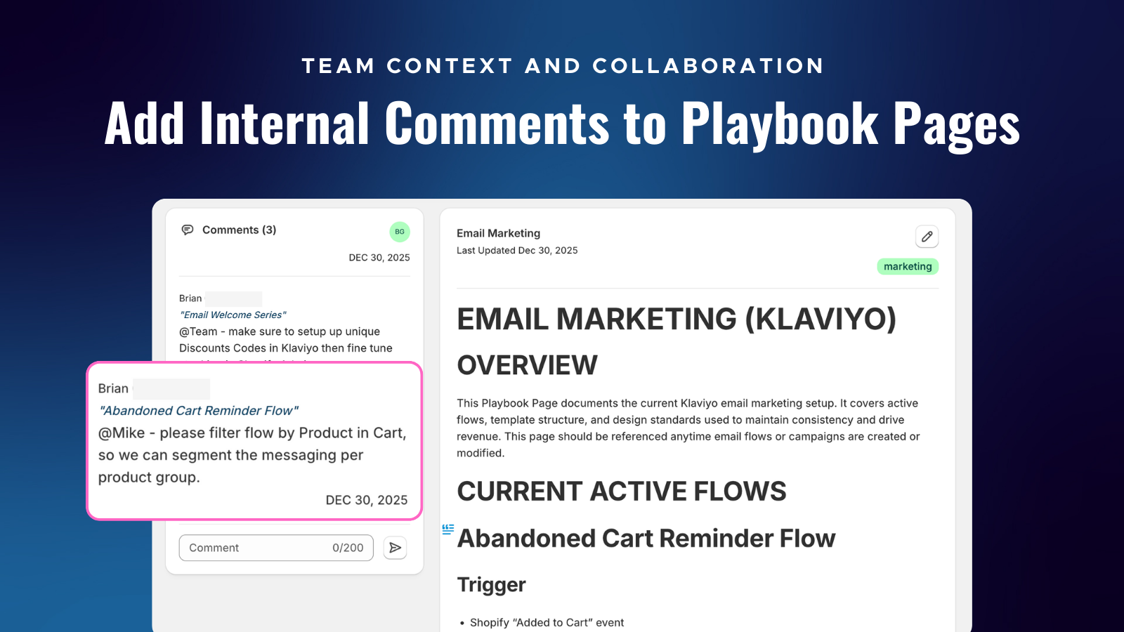 Internal comments and team collaboration on Playbook pages